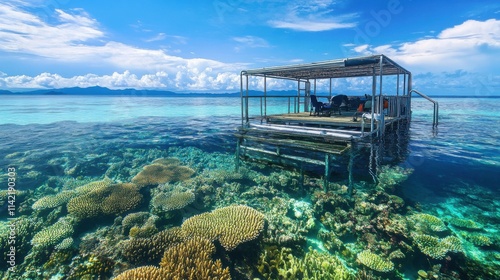 A tranquil diving platform in a coral reef sanctuary, Diving equipment on a sustainable diving platform, Eco-friendly marine style photo