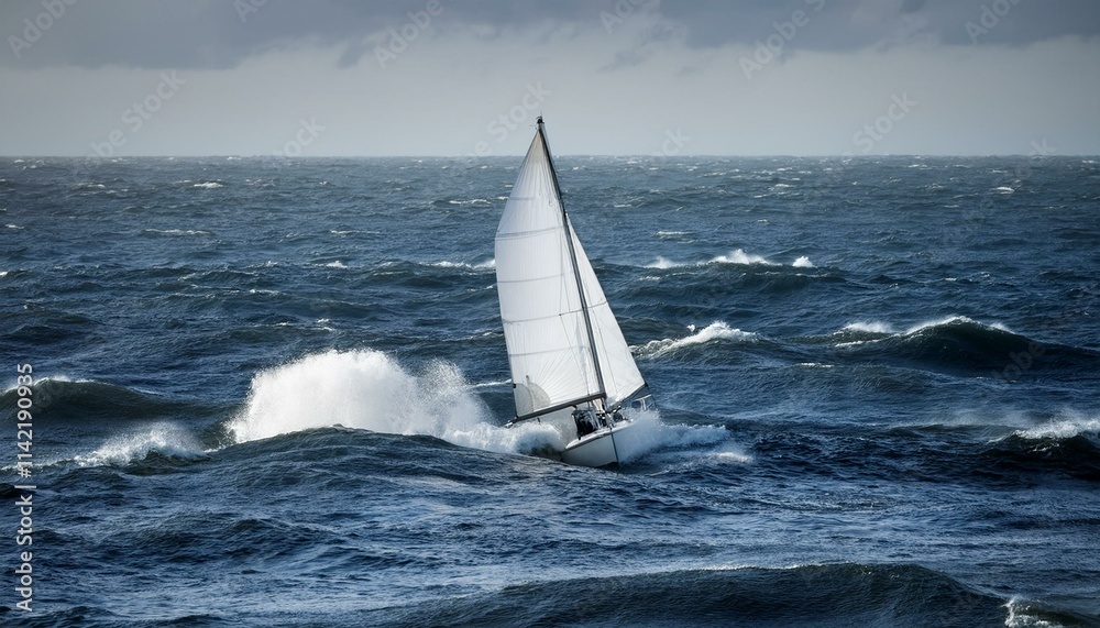 Obraz premium 거대한 파도를 정면으로 마주하는 작고 단단한 돛단배