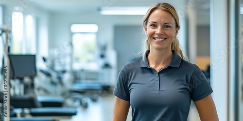Female physical therapist standing confidently in a rehabilitation clinic for stock photo