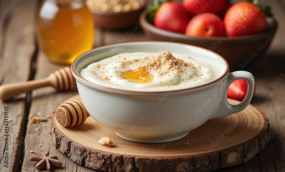 Delicious breakfast bowl with honey and nuts Delicious breakfast bowl with honey and nuts