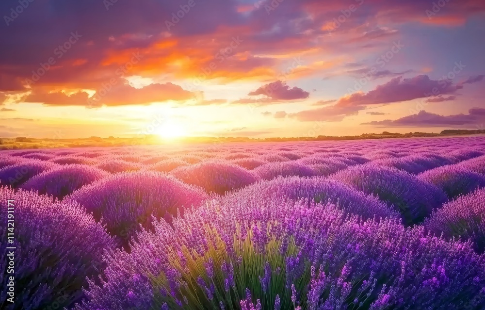 Vibrant sunset over a vast lavender field. Vibrant sunset over a vast lavender field.