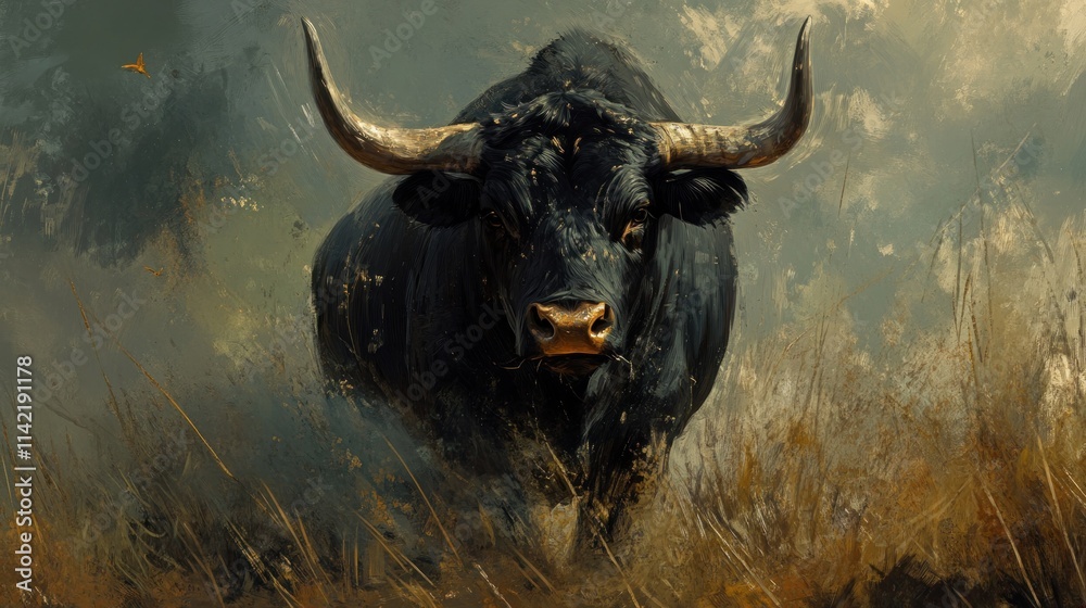 Naklejka premium Black Bull in a Misty Meadow