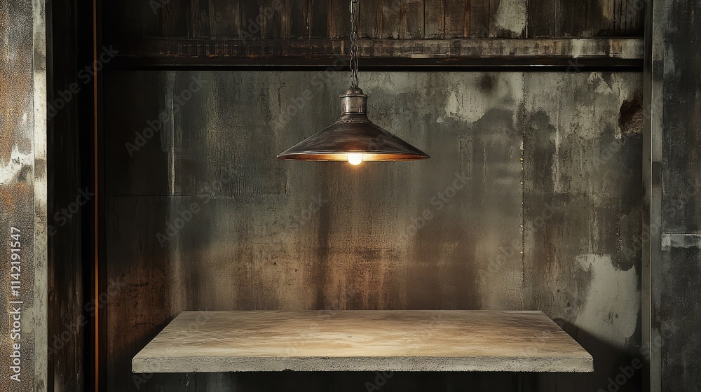 Industrial Style Pendant Light Over Concrete Table in Rustic Setting Industrial Style Pendant Light Over Concrete Table in Rustic Setting