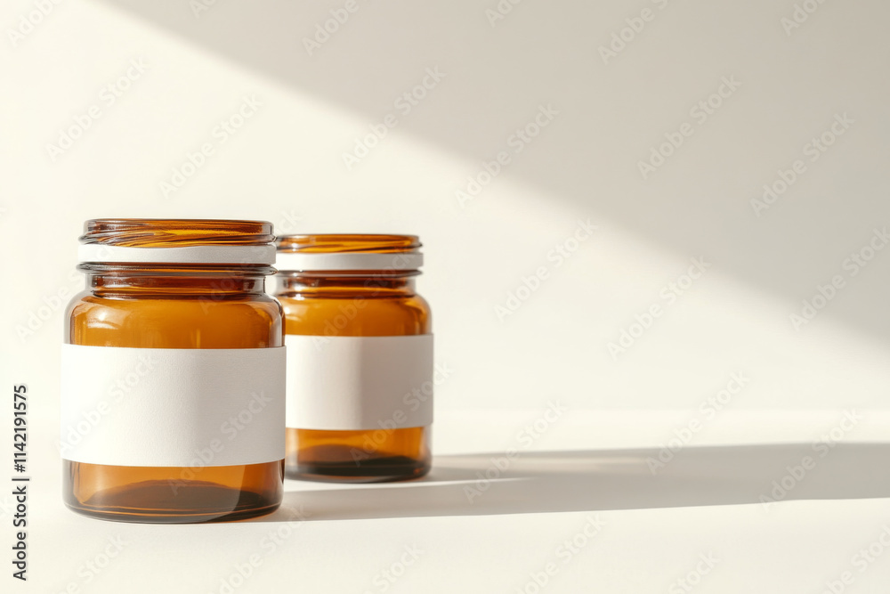 two amber jars with blank white label wrapped around the jars two amber jars with blank white label wrapped around the jars
