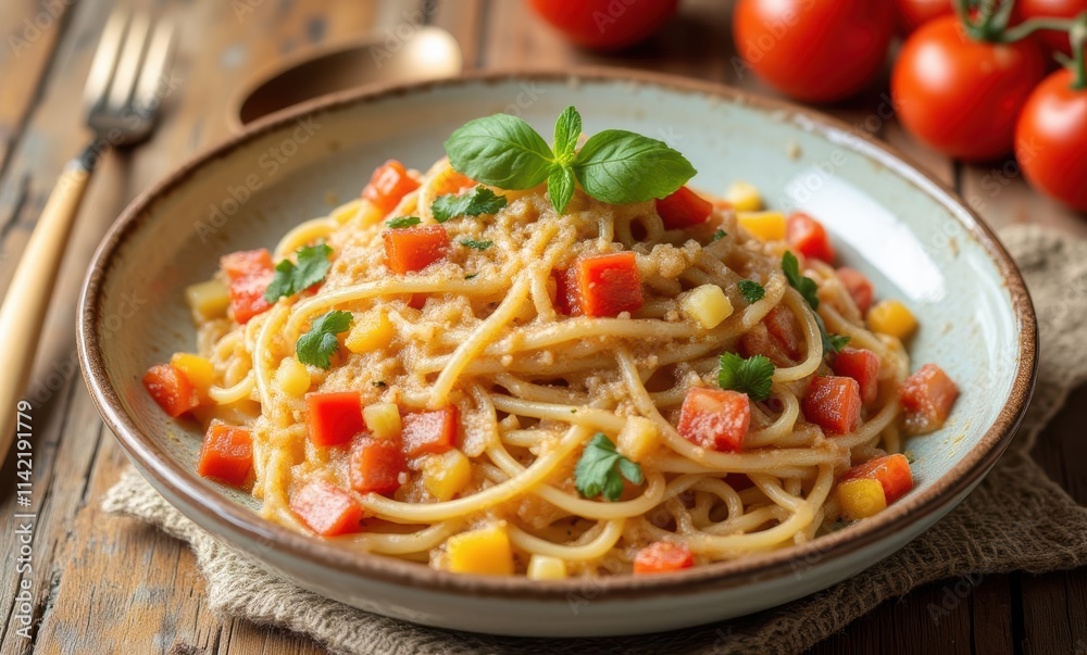 Delicious spaghetti with fresh vegetables