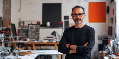 Art director standing proudly in a design studio, overseeing a creative project and team