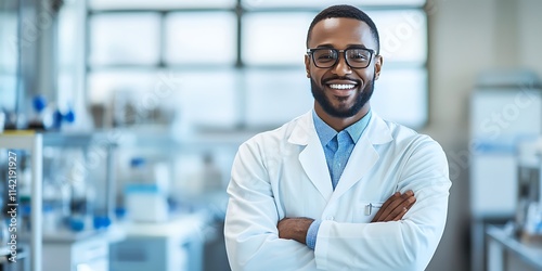 Nigerian male medical researcher standing proudly in laboratory, smiling, portrait shot