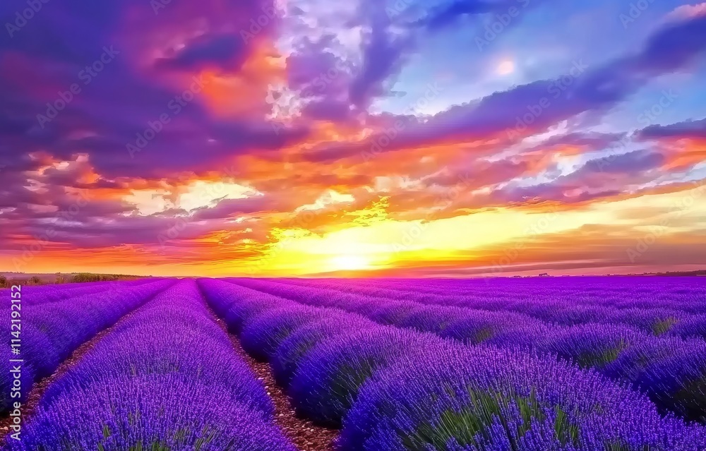 Vibrant sunset over rows of purple lavender fields. Vibrant sunset over rows of purple lavender fields.