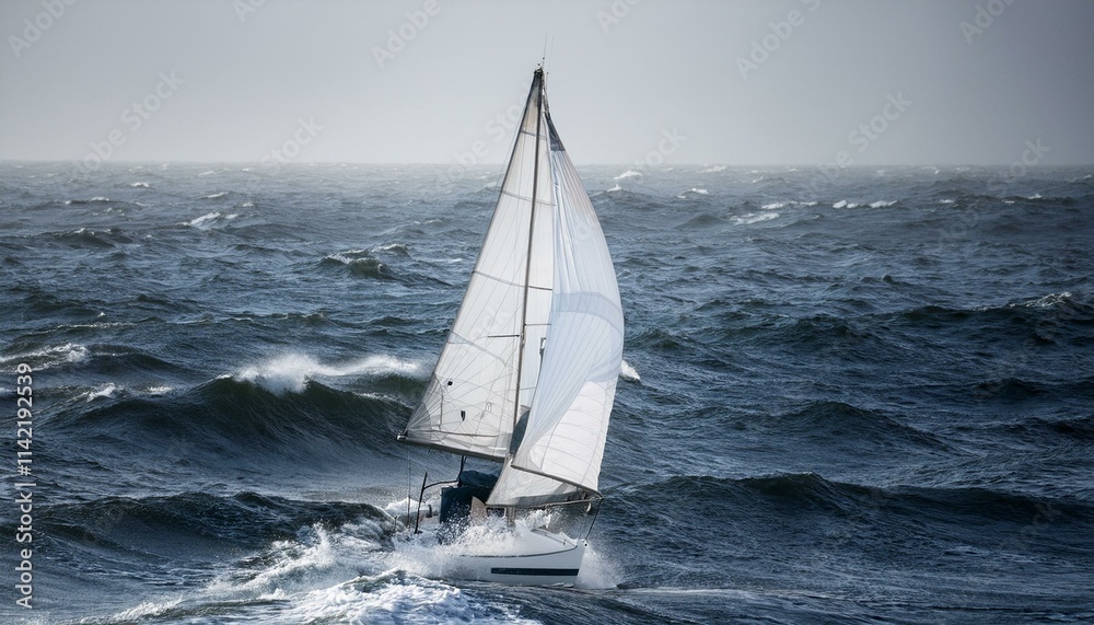 Obraz premium 거대한 파도를 정면으로 마주하는 작고 단단한 돛단배