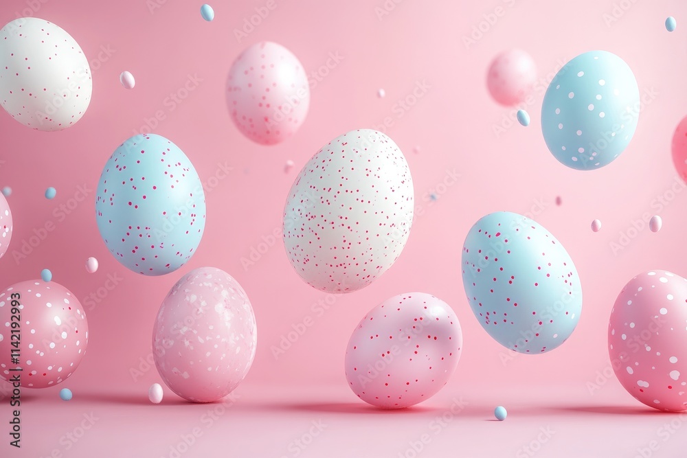 Colorful easter eggs floating on pink background: festive spring holiday decoration