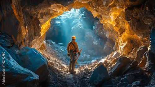 Miner Stands in a Luminous Cave Entrance