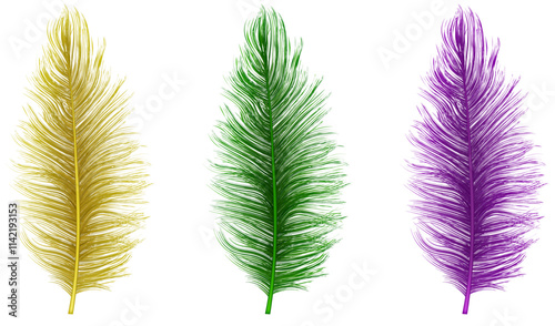 set of isolated colorful feathers for mardi gras decorations