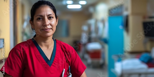 Colombian female nurse standing proudly in a hospital ward, ready to assist patients