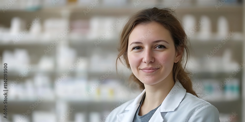 Pharmacist standing confidently in a well organized pharmacy, with shelves of medications in the background Pharmacist standing confidently in a well organized pharmacy, with shelves of medications in the background