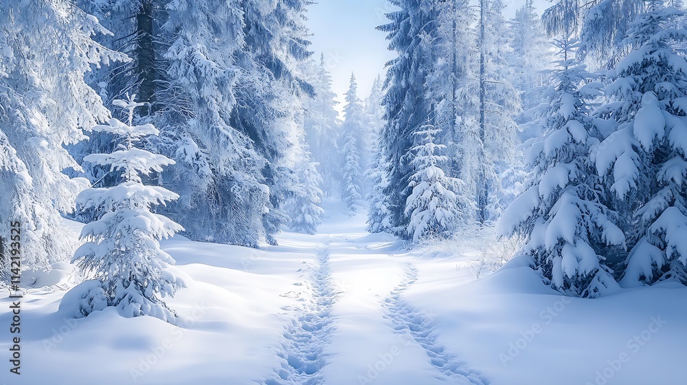 Fototapeta premium Idyllic Snowy Forest Landscape with Snow-Covered Trees and Pathway : Generative AI