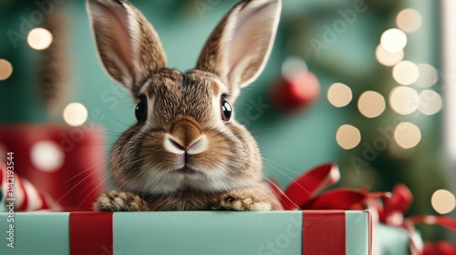 A lovable bunny sits snugly in a green gift box with red ribbon, set amidst a soft-focus background adorned with Christmas lights and decorations, exuding warmth.
