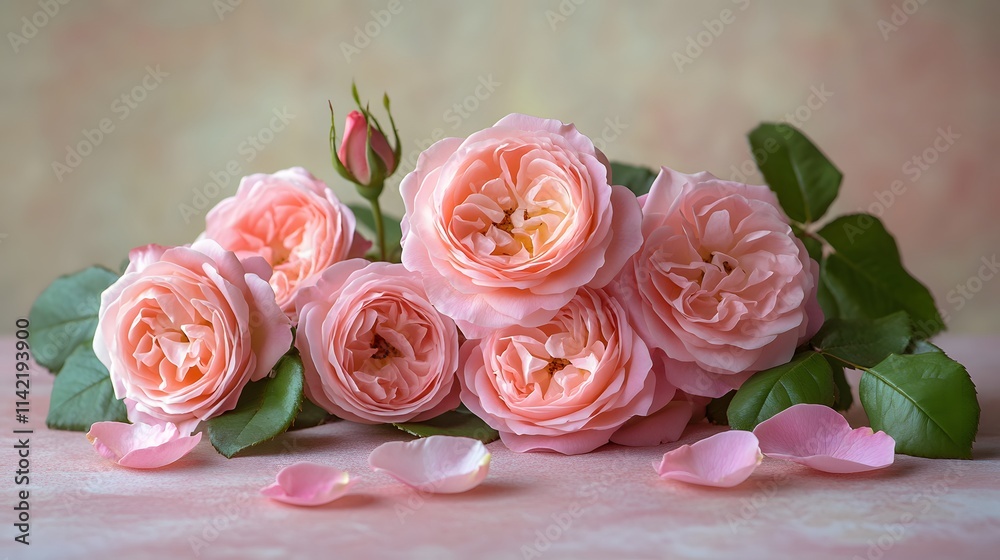 Fototapeta premium Fresh pink roses in full bloom line a soft pink pastel background, scattered rose petals and green leaves enhance the romantic floral arrangement with a dreamy, feminine aesthetic.