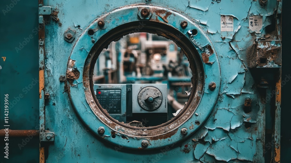 Rusty Industrial Porthole with Dial in Abandoned Factory Setting Rusty Industrial Porthole with Dial in Abandoned Factory Setting