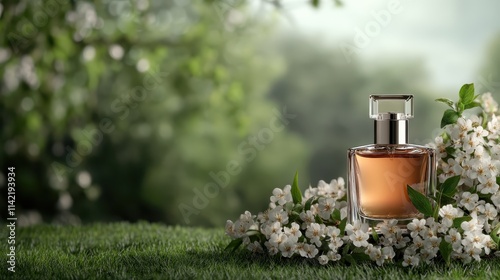 A sophisticated perfume bottle is elegantly placed on a lush green lawn, surrounded by tiny white flowers, creating a scene of natural beauty and style.