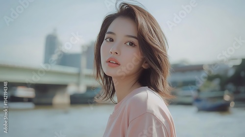 Thai female model in casual t shirt, posing by the Chao Phraya River in Bangkok photo