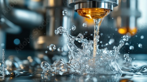 A dynamic image capturing a mechanical press as it releases a stream of liquid, creating a dramatic splash, representing industry, power, and transformation. photo