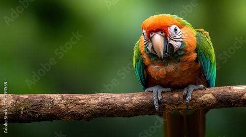 A strikingly colorful parrot in a lush environment, featuring intense green and orange hues, represents the richness and diversity of tropical wildlife habitats. photo