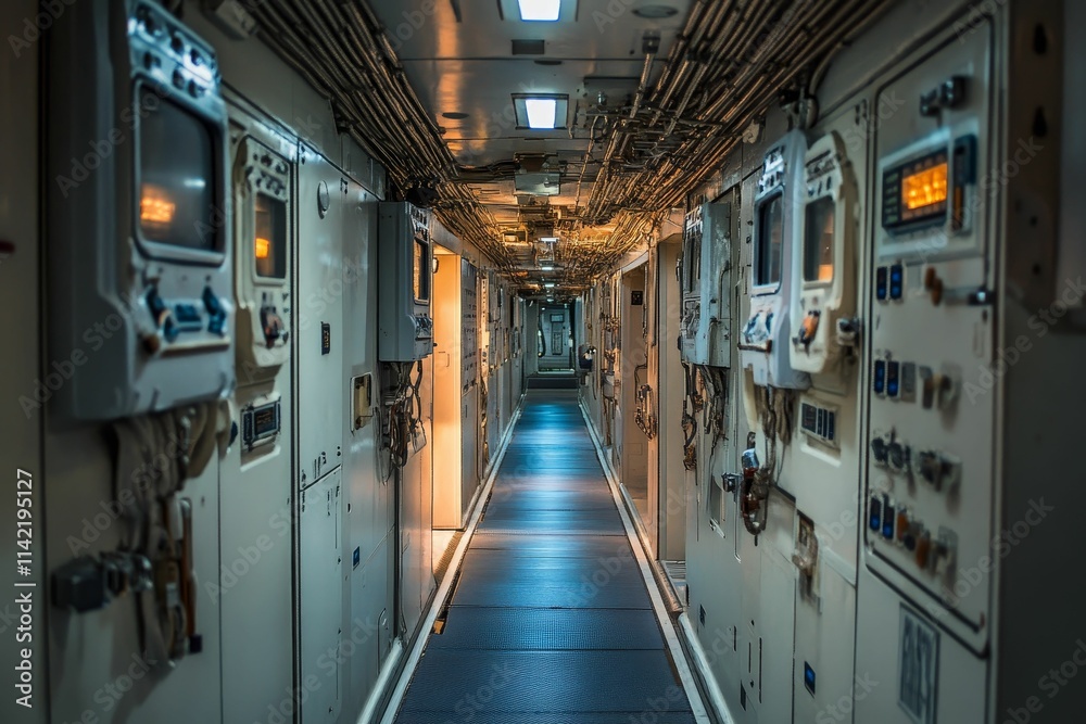 Obraz premium Long corridor, control panels, industrial interior, dim lighting.
