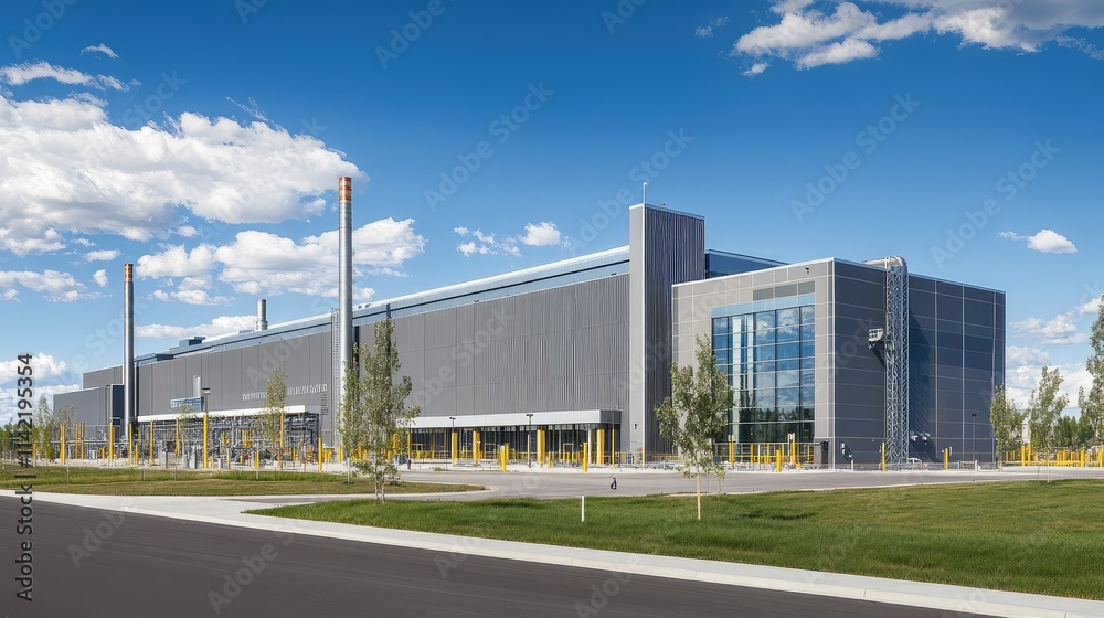 Modern Industrial Facility with Blue Sky and Green Landscape Modern Industrial Facility with Blue Sky and Green Landscape