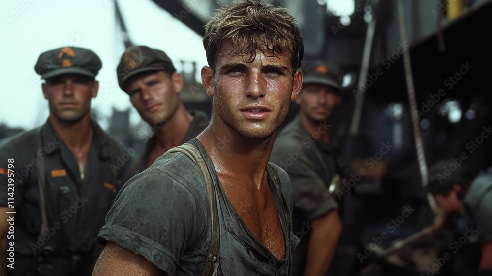 A team of strong, rugged men wearing work clothes, intensely engaged in their duties on a boat, reflecting camaraderie, strength, and determination in a gritty environment. A team of strong, rugged men wearing work clothes, intensely engaged in their duties on a boat, reflecting camaraderie, strength, and determination in a gritty environment.