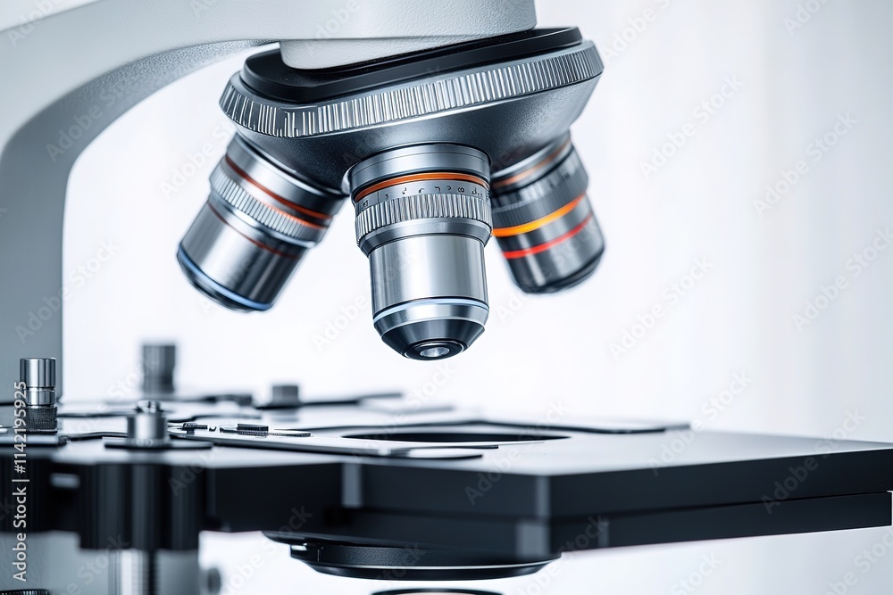 Close-up of high-tech microscope with advanced optics in laboratory.