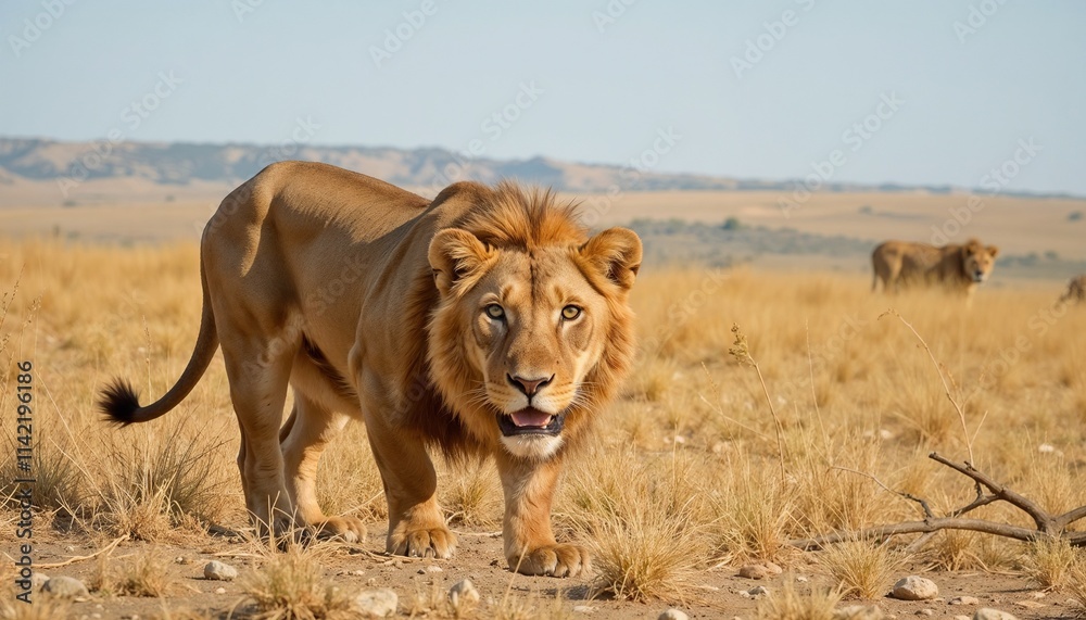Lion crouching in dry grass with focused gaze on open savanna. Lion crouching in dry grass with focused gaze on open savanna.