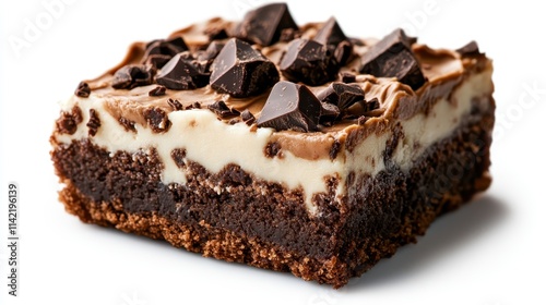 A visually stunning dessert featuring a brownie base with a luxurious creamy cheesecake layer and topped with dark chocolate chunks for a delicious blend of flavors. photo