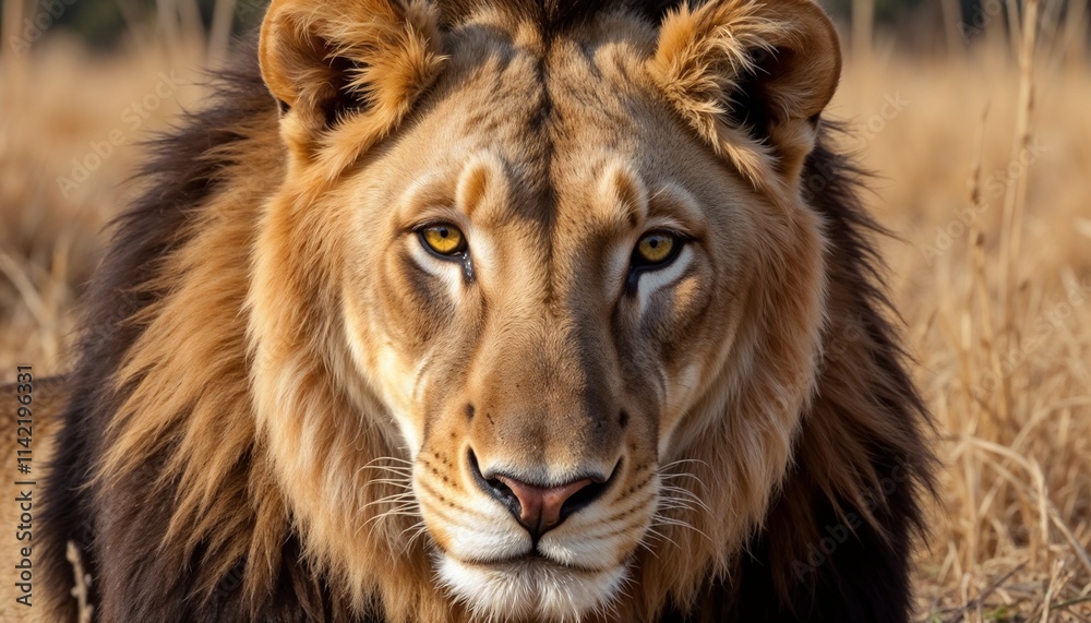 Close-up of lion's face with intense amber eyes and textured mane. Close-up of lion's face with intense amber eyes and textured mane.
