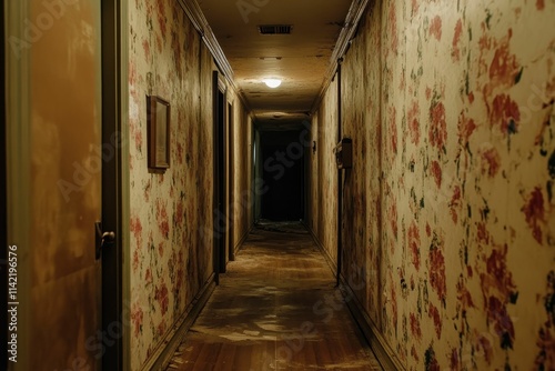 Dark hallway, floral wallpaper, decaying, wooden floor. photo