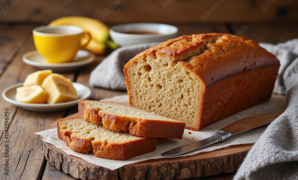 Freshly baked banana bread on a wooden table Freshly baked banana bread on a wooden table