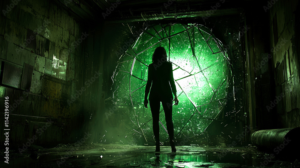 Silhouette woman in dark room, green portal. Silhouette woman in dark room, green portal.