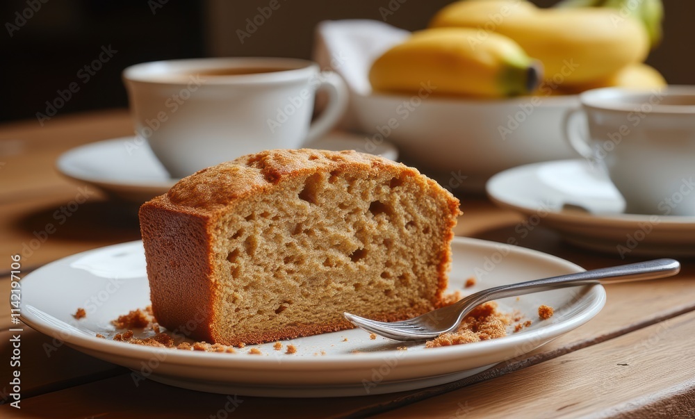 Slice of moist banana bread on table Slice of moist banana bread on table