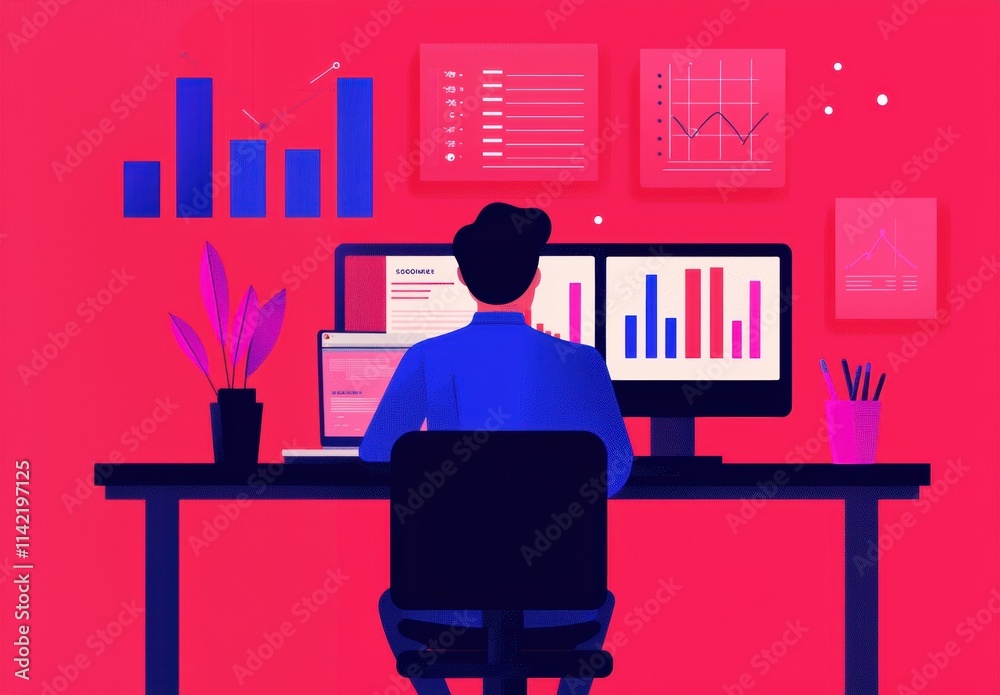 Person Working at Desk with Multiple Screens and Data Graphics Person Working at Desk with Multiple Screens and Data Graphics