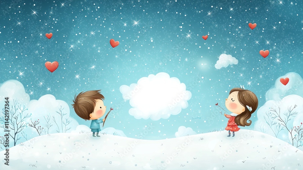 A whimsical Valentine’s Day theme featuring a clear space in the middle of a sparkling starry night sky and floating hearts framing the scene A whimsical Valentine’s Day theme featuring a clear space in the middle of a sparkling starry night sky and floating hearts framing the scene