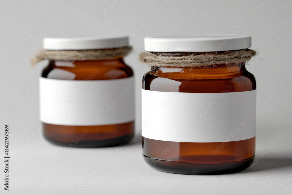 two amber jars with blank white label wrapped around the jars two amber jars with blank white label wrapped around the jars