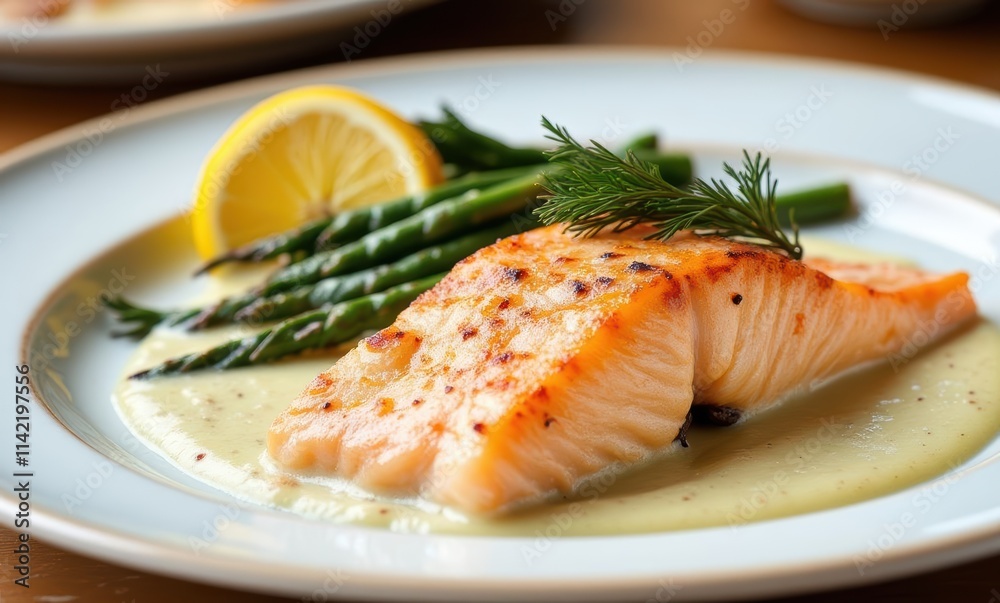 Grilled salmon with asparagus and lemon slice Grilled salmon with asparagus and lemon slice