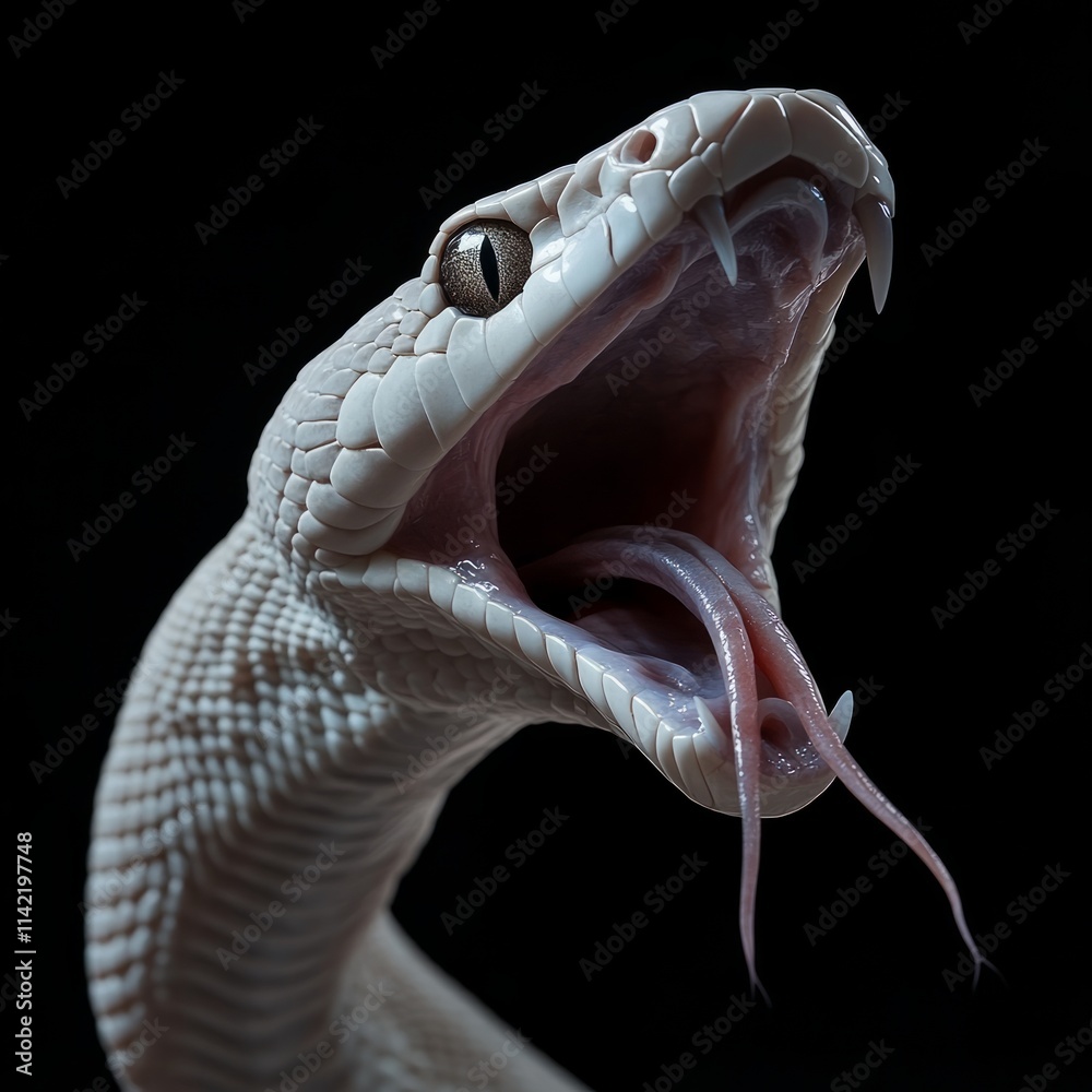 Fototapeta premium White snake with open mouth and extended tongue on a black background showcasing its detailed scales and fangs