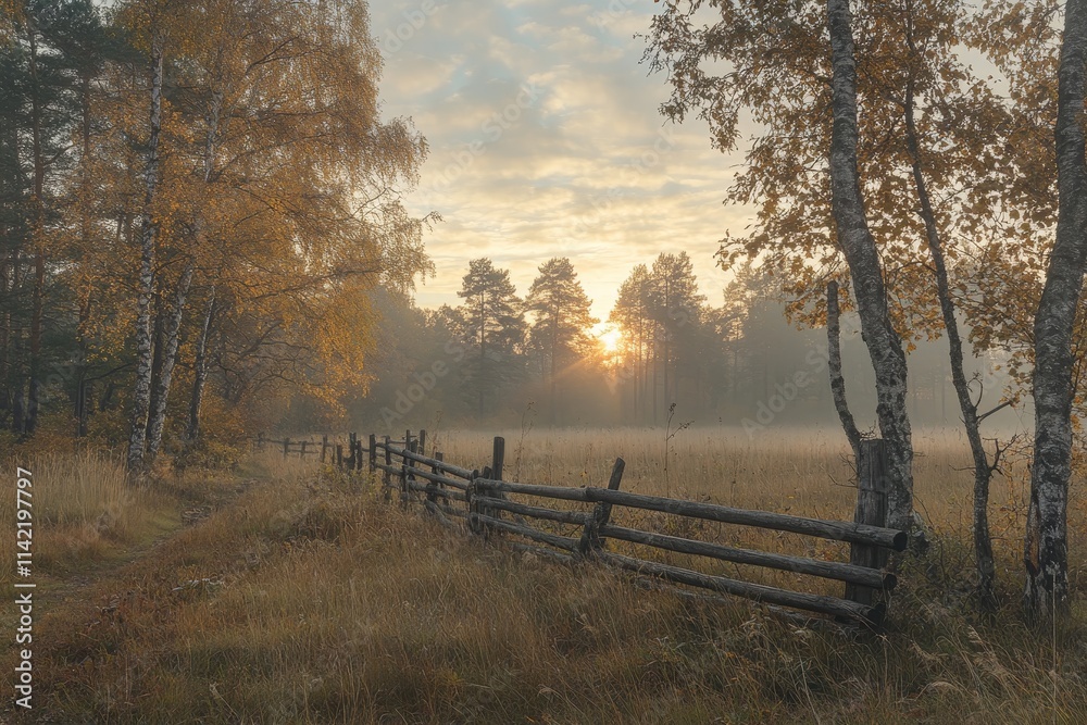Misty autumn sunrise over a field with wooden fence and birch trees.