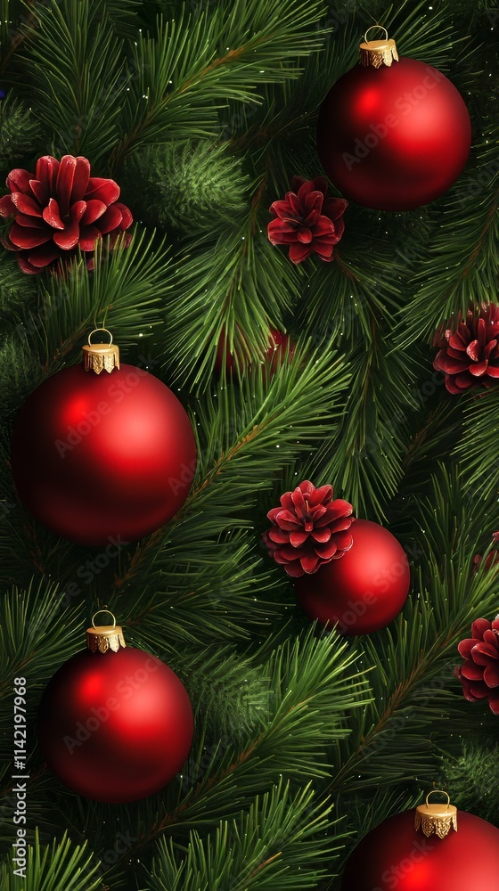 Christmas wallpaper with pine branches and red ornaments. christmas wallpaper. Ultra realistic. Photorealistic