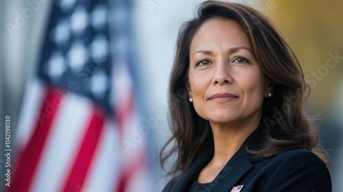 Confident American Female Politician with Flag Background