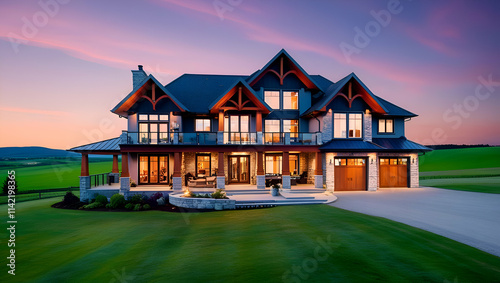 Exterior of Canadian style house in green landscape, Canadian House with Brick Exterior, sprawling country house with intricate stonework, Generative Ai