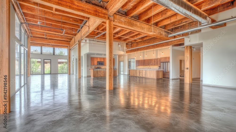Spacious Modern Interior with Exposed Beams and Polished Floors Spacious Modern Interior with Exposed Beams and Polished Floors