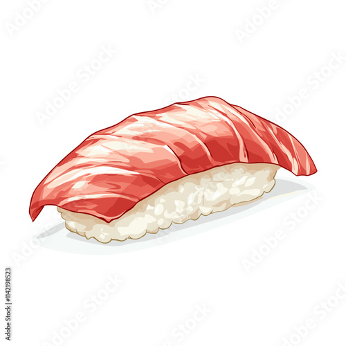 Japanese nigiri sushi roll featuring a topping of tuna fish slice over a bed of vinegared rice. Isolated vector traditional Japan food, sushi piece, Asian culinary art