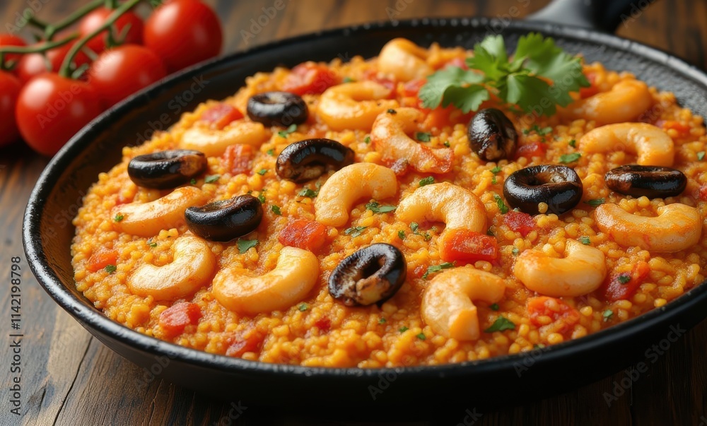 Delicious seafood paella with vibrant vegetables Delicious seafood paella with vibrant vegetables