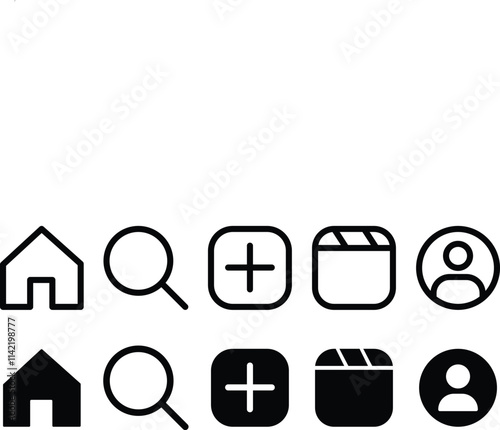 Instagram icons set. home, search, add, reels, profile, icon in flat style. vector app interface web icons.
